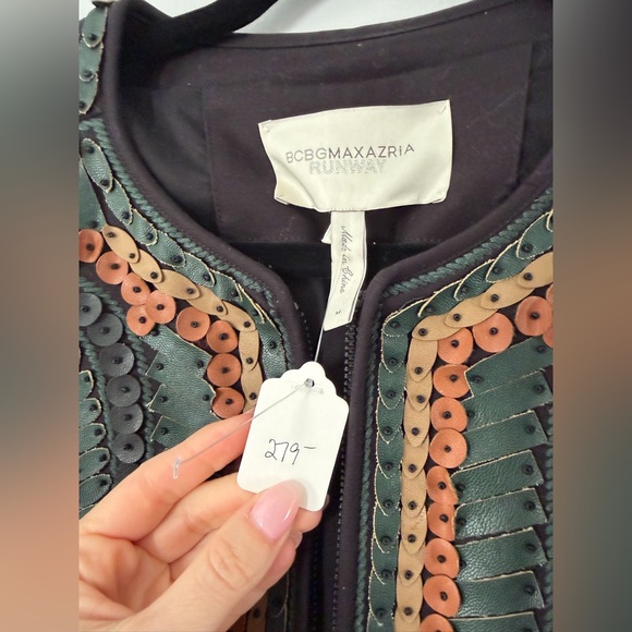BCBGMaxAzria Runway Green & Tan Embellished Cropped Leather Jacket - Picture 7 of 7
